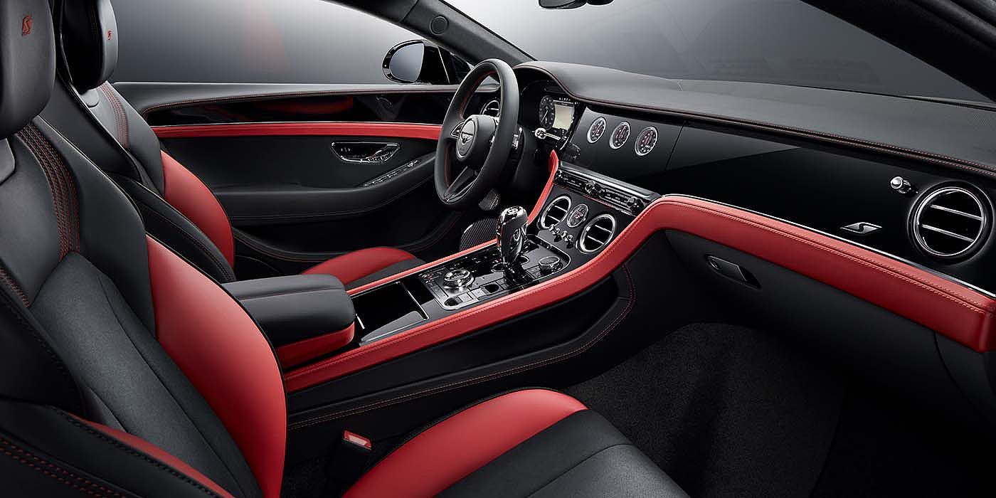 Bentley Köln Bentley Continental GT S coupe front interior in Beluga black and Hotspur red hide with high gloss Carbon Fibre veneer