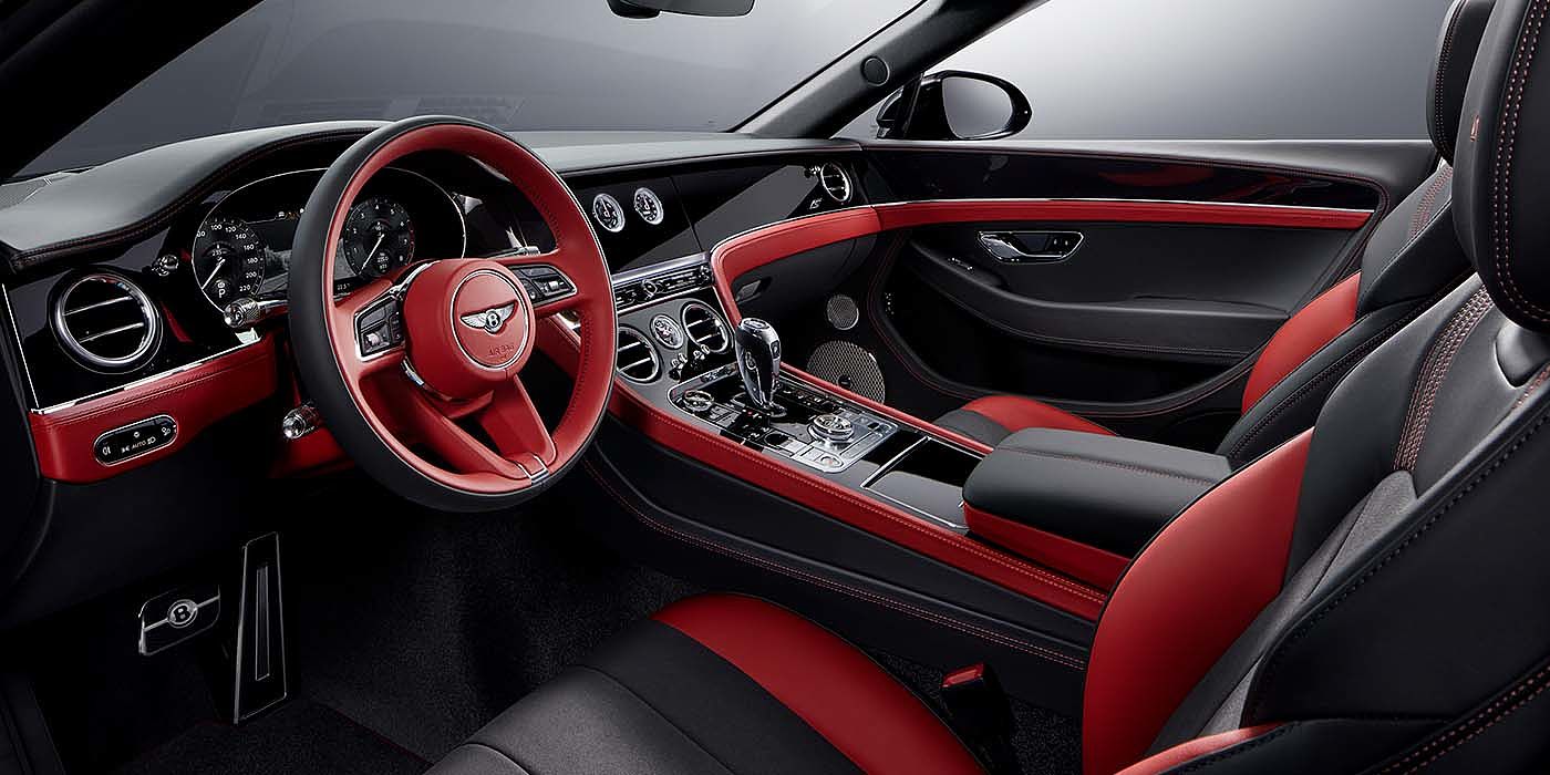 Bentley Köln Bentley Continental GTC S convertible front interior in Beluga black and Hotspur red hide with high gloss carbon fibre veneer