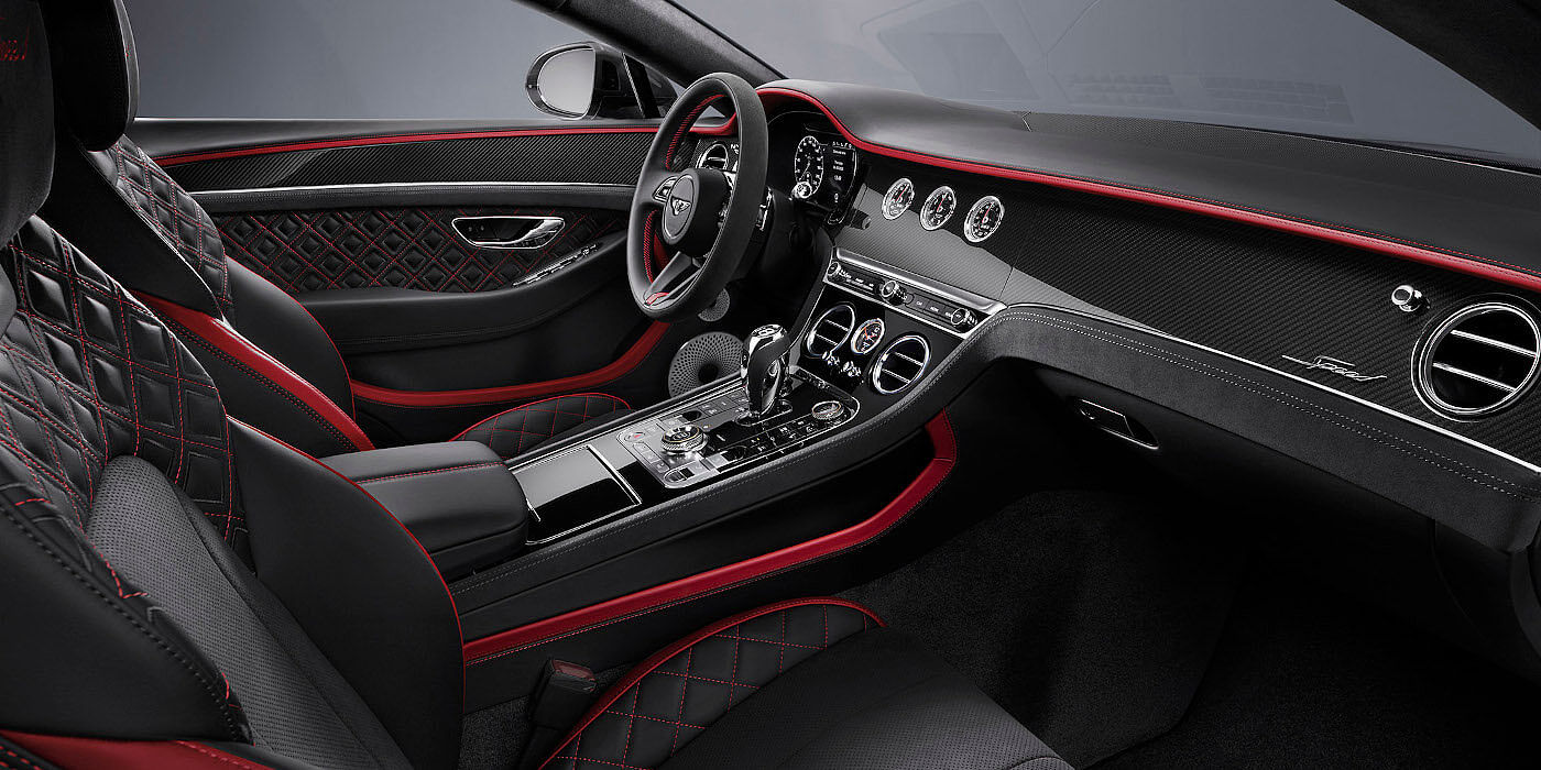 Bentley Köln Bentley Continental GT Speed coupe front interior in Beluga black and Hotspur red hide