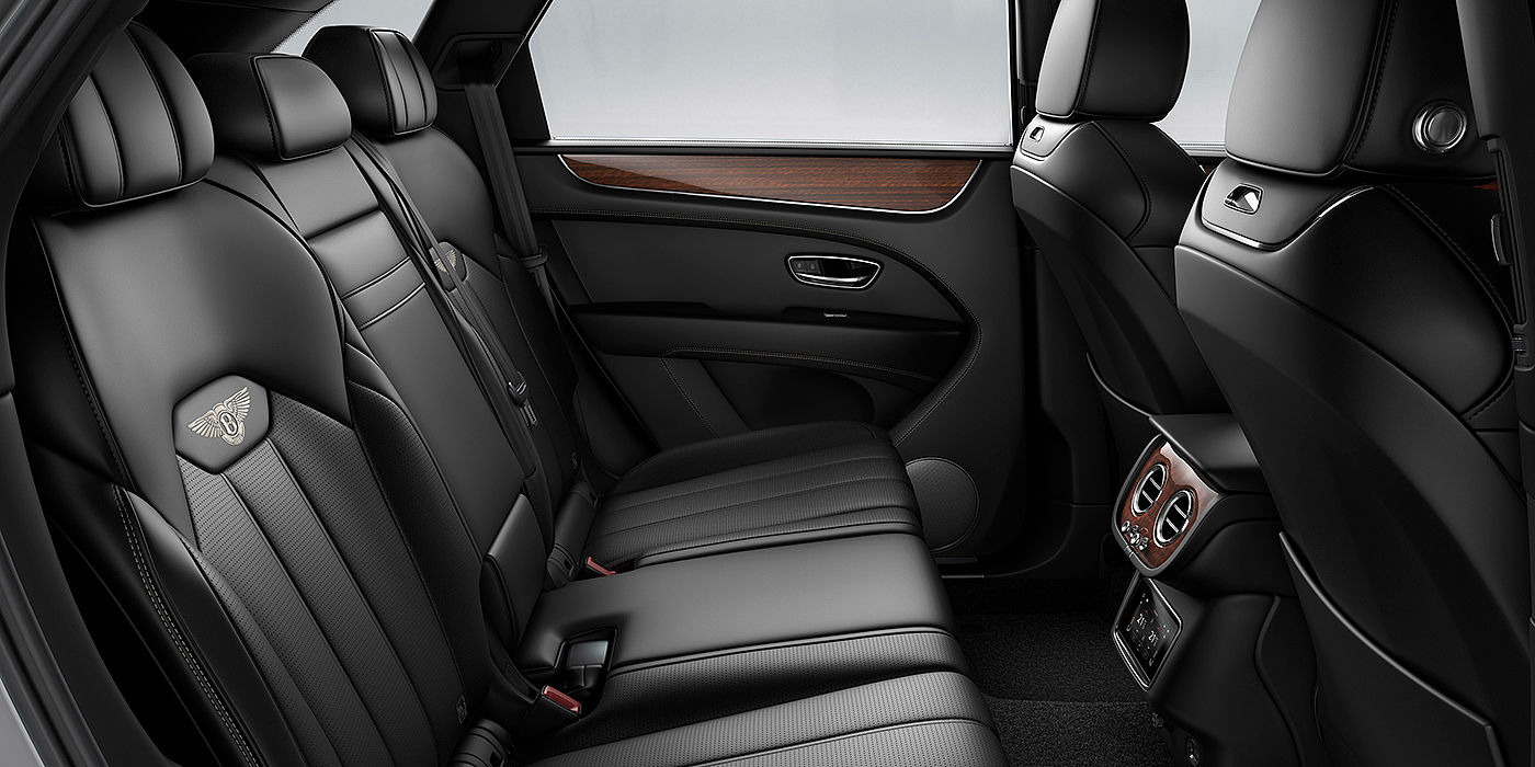 Bentley Köln Bentey Bentayga interior view for rear passengers with Beluga black hide.