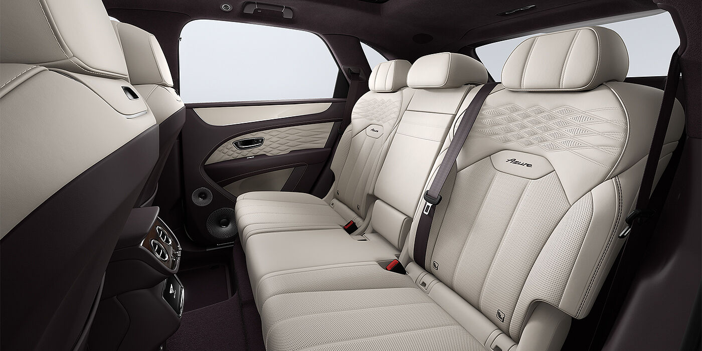 Bentley Köln Bentley Bentayga Azure SUV rear interior in Linen and Damson hides and Azure seat stitching