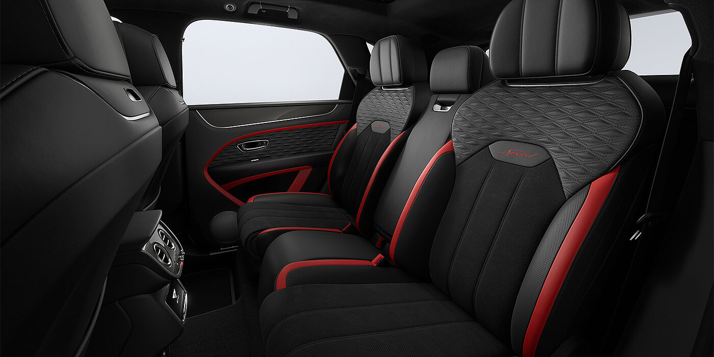 Bentley Köln Bentley Bentayga Speed SUV rear interior in Pillar Box Red and Beluga black hides and Speed seat stitching