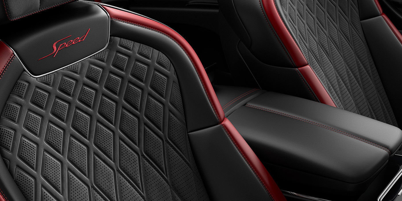 Bentley Köln Bentley Flying Spur Speed sedan seat stitching detail in Beluga black and Cricket Ball red hide