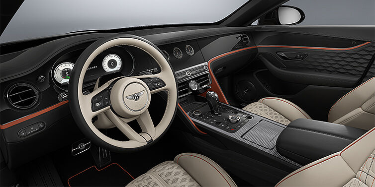 Bentley Köln New Bentley Flying Spur Mulliner sedan front interior in Portland and Beluga Black hides with Grand Black veneer