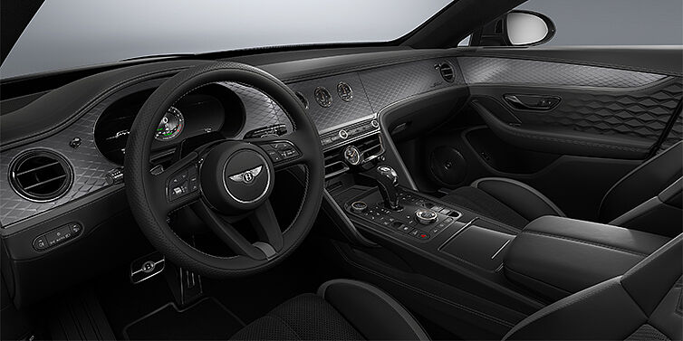Bentley Köln New Bentley Flying Spur Speed sedan front interior in Gravity Grey and Beluga Black hides with Diamond Brushed Dark Tint Aluminium veneer
