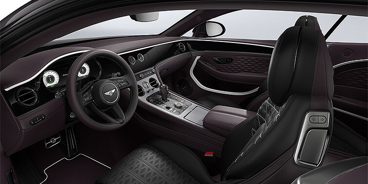 Bentley Köln Bentley Continental GT Mulliner coupe front interior in Beluga black and Damson hides with white accent hide