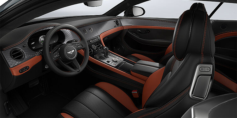 Bentley Köln Bentley Continental GT Coupé vorne Innenraum in Newmarket Tan und Beluga Black Leder mit Diamond Brushed Dark Tint Aluminium Furnier