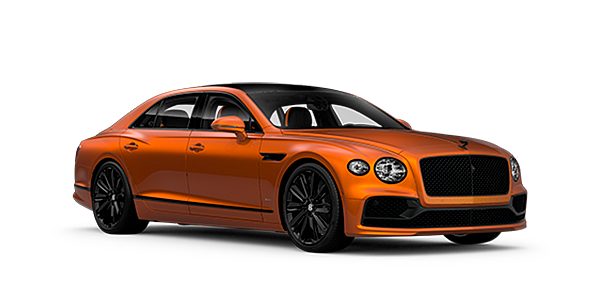 Bentley Köln Bentley Flying Spur Speed front side angled view in Orange Flame coloured exterior. 