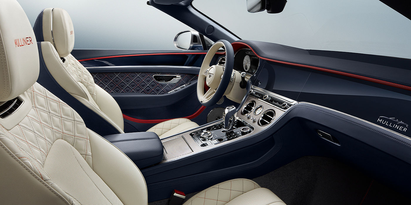 Bentley Köln Bentley Continental GTC Mulliner convertible front interior in Imperial Blue and Linen hide