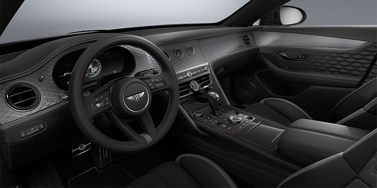Bentley Köln New Bentley Flying Spur Speed sedan front interior in Gravity Grey and Beluga Black hides with Diamond Brushed Dark Tint Aluminium veneer