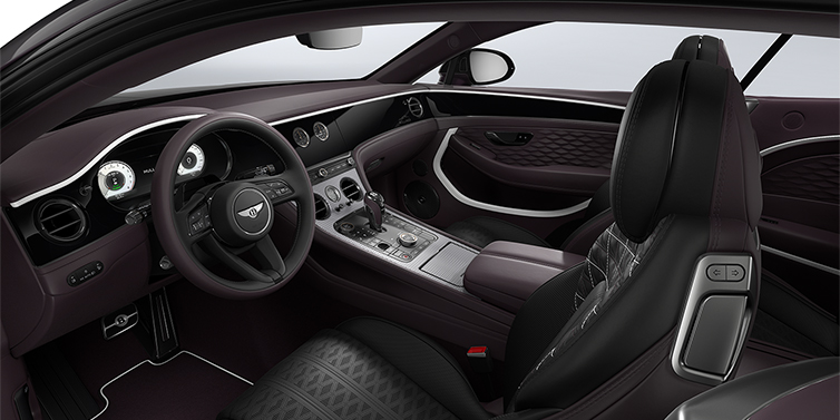 Bentley Köln Bentley Continental GT Mulliner coupe front interior in Beluga black and Damson hides with white accent hide