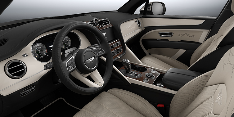 Bentley Köln Bentayga EWB Artenara Edition SUV front interior in Portand and Beluga Black hides with Piano Linen veneer
