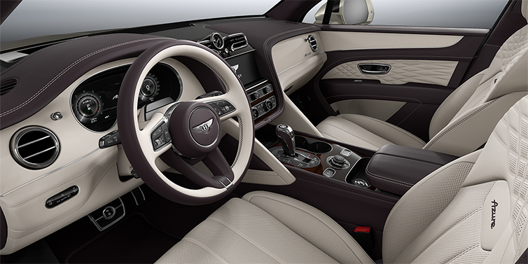 Bentley Köln Bentley Bentayga Azure SUV front interior in Linen and Damson hides with Piano Linen veneer