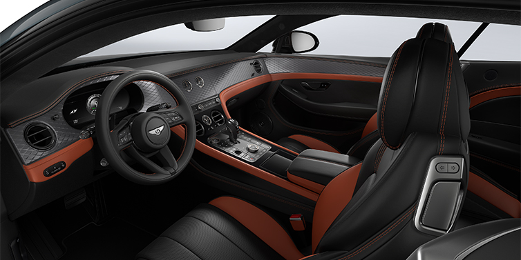Bentley Köln Bentley Continental GT coupe front interior in Newmarket Tan and Beluga black hides with Diamond Brushed Dark Tint Aluminium veneer