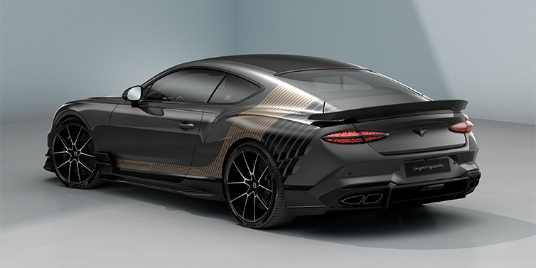 Bentley Köln Bentley Supersports rear three quarter in "Nightfall Design theme with Anthracite paint and Beluga black and Camel brown paint stripes across the rear haunch.