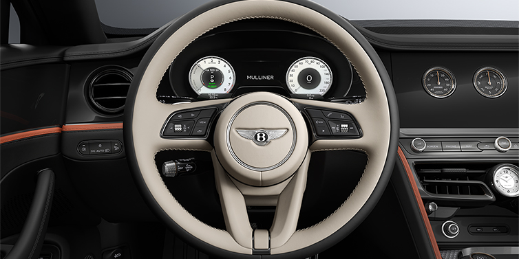 Bentley Köln New Bentley Flying Spur Mulliner sedan steering wheel and dash in Portland and Beluga Black hides and Grand Black veneer