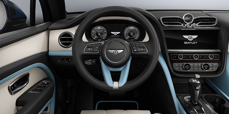 Bentley Köln Bentley Bentayga Artenara Edition SUV steering wheel view in Linen and Beluga Black hides with Light Blue accents and Piano Linen veneer
