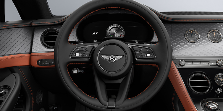 Bentley Köln Bentley Continental GT coupe steering wheel and dash in Newmarket Tan and Beluga black hides with Diamond Brushed Dark Tint Aluminium veneer